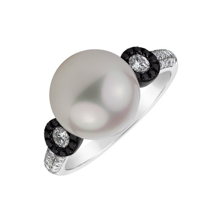 Prsteň s čiernymi a bielymi diamantmi a perlou Aqua Reflection