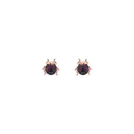 Náušnice s čiernymi diamantmi a rubínmi Cute Bug