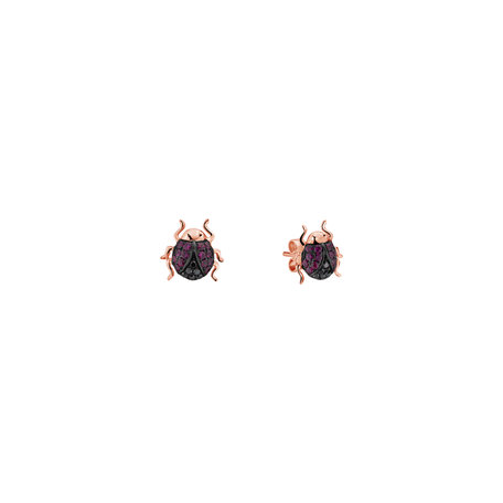 Náušnice s čiernymi diamantmi a rubínmi Cute Bug