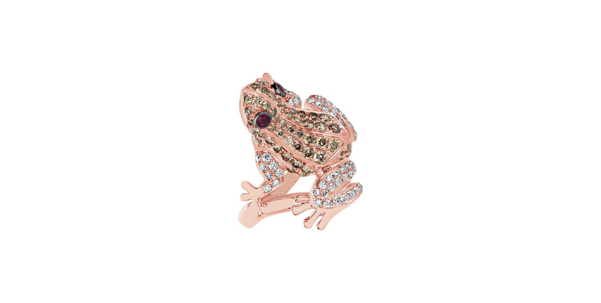 Prsteň s bielymi a hnedými diamantmi a rubínmi Miracle Frog