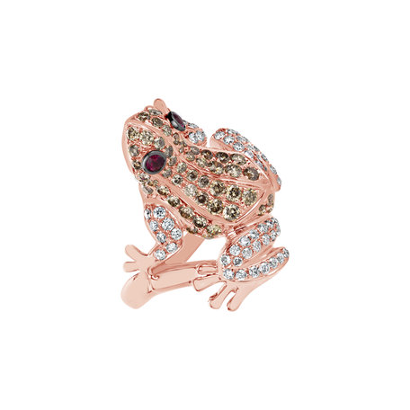 Prsteň s bielymi a hnedými diamantmi a rubínmi Miracle Frog