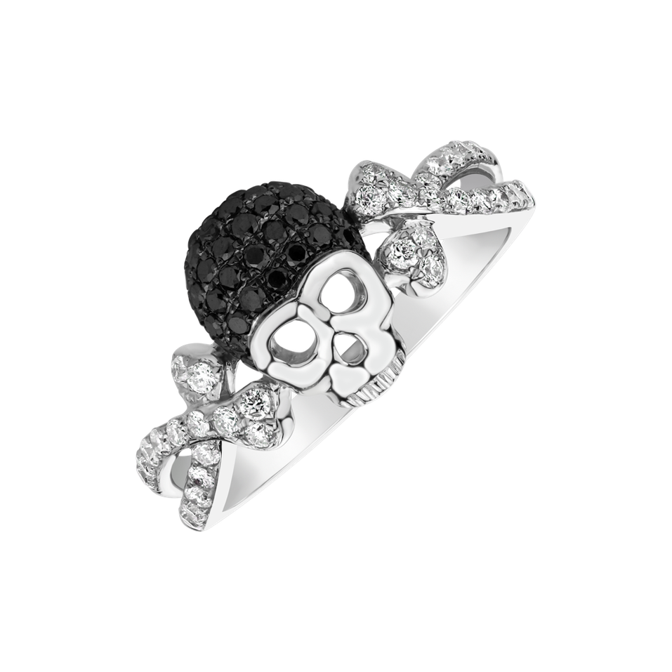 Prsteň s bielymi a čiernymi diamantmi Luxury Skull