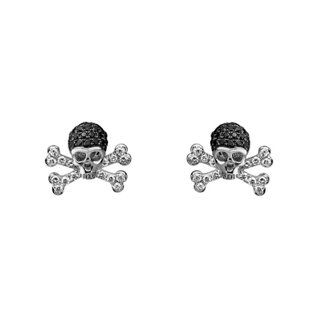 Náušnice s bielymi a čiernymi diamantmi Luxury Skull