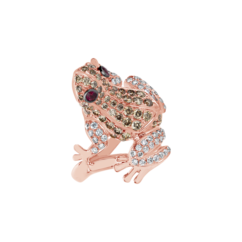 Prsteň s bielymi a hnedými diamantmi a rubínmi Miracle Frog