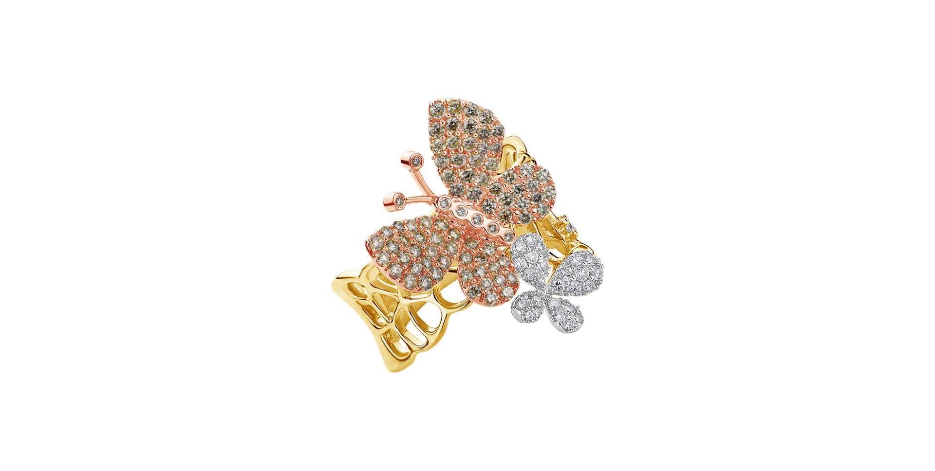 Prsteň s bielymi a hnedými diamantmi Butterfly Treasure