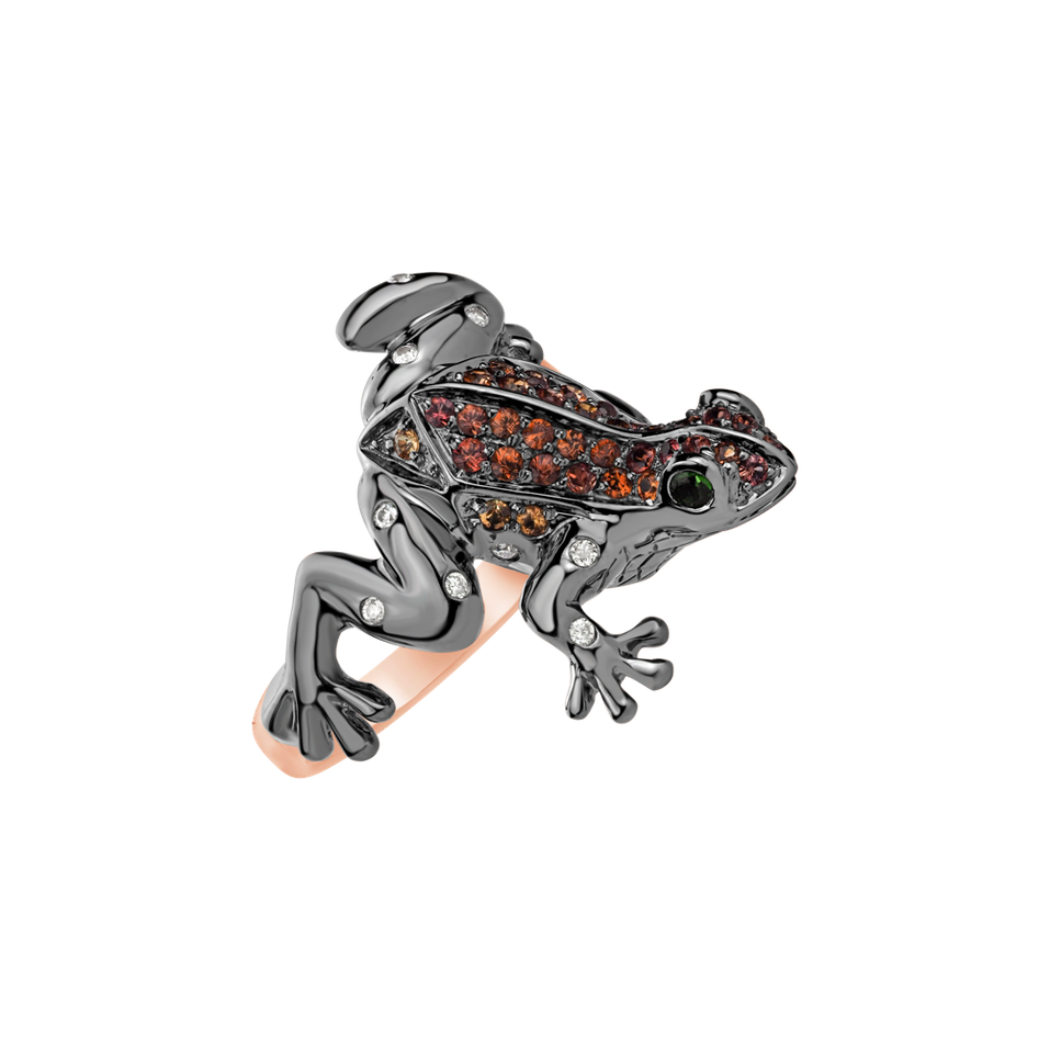 Prsteň s hnedými diamantmi, zafírmi a granátmi Sandy Frog