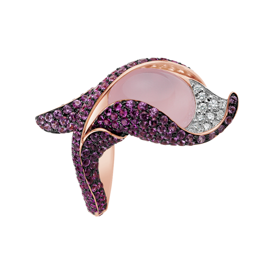 Prsteň s diamantmi, ruženínom a zafírmi Rose Poem