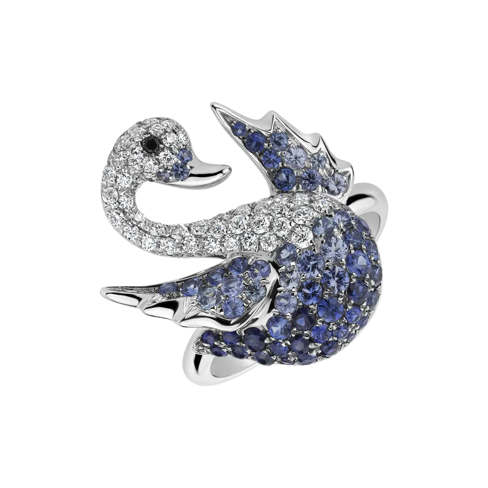 Prsteň s čiernymi a bielymi diamantmi a zafírmi Magical Swan