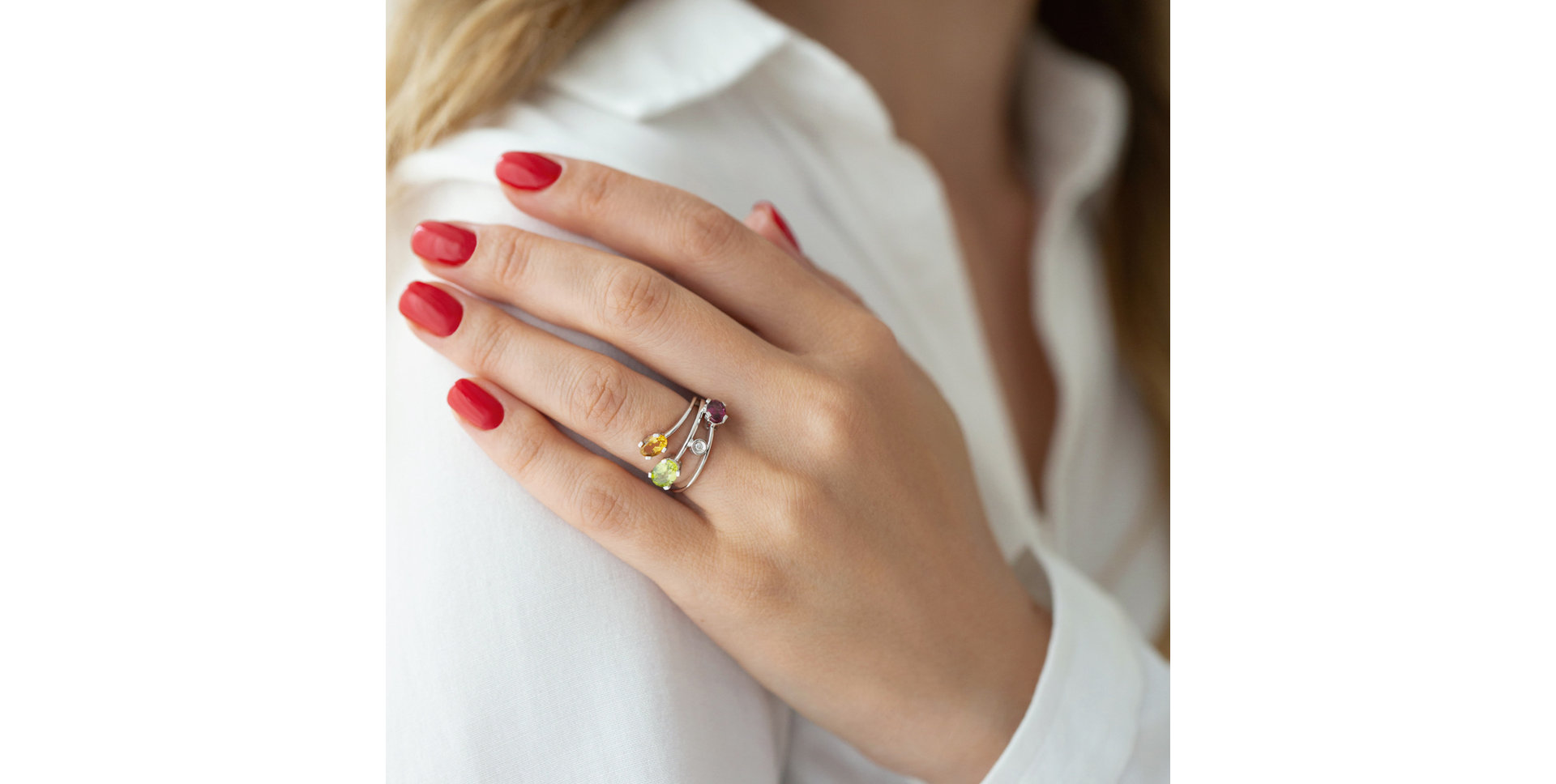 Prsteň s diamantmi, citrínom, peridotom a rhodolitom Glanc