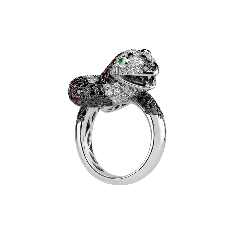 Prsteň s čiernymi a bielymi diamantmi, rubínmi a granátmi The Dark Serpent