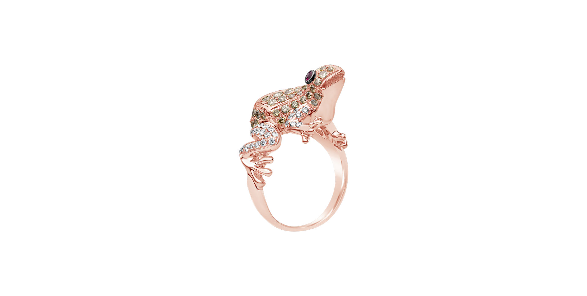 Prsteň s bielymi a hnedými diamantmi a rubínmi Miracle Frog
