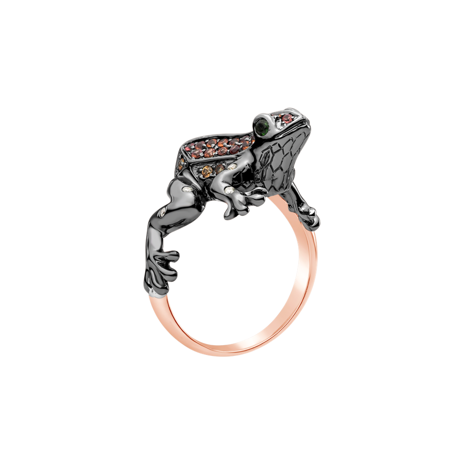 Prsteň s hnedými diamantmi, zafírmi a granátmi Sandy Frog