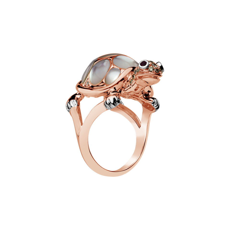 Prsteň s hnedými diamantmi, rubínmi a perleťou Graceful Turtle