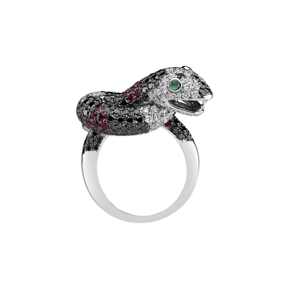 Prsteň s čiernymi a bielymi diamantmi, rubínmi a granátmi The Dark Serpent