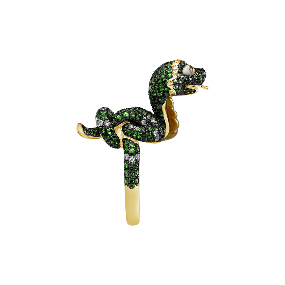 Prsteň s diamantmi, achátmi, granátmi a perleti Crazy Snake