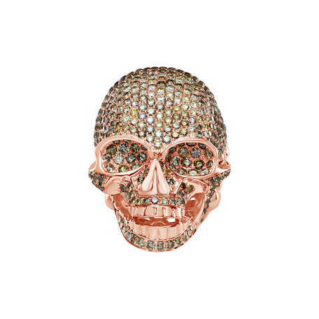 Prsteň s bielymi a hnedými diamantmi Diamond Skull