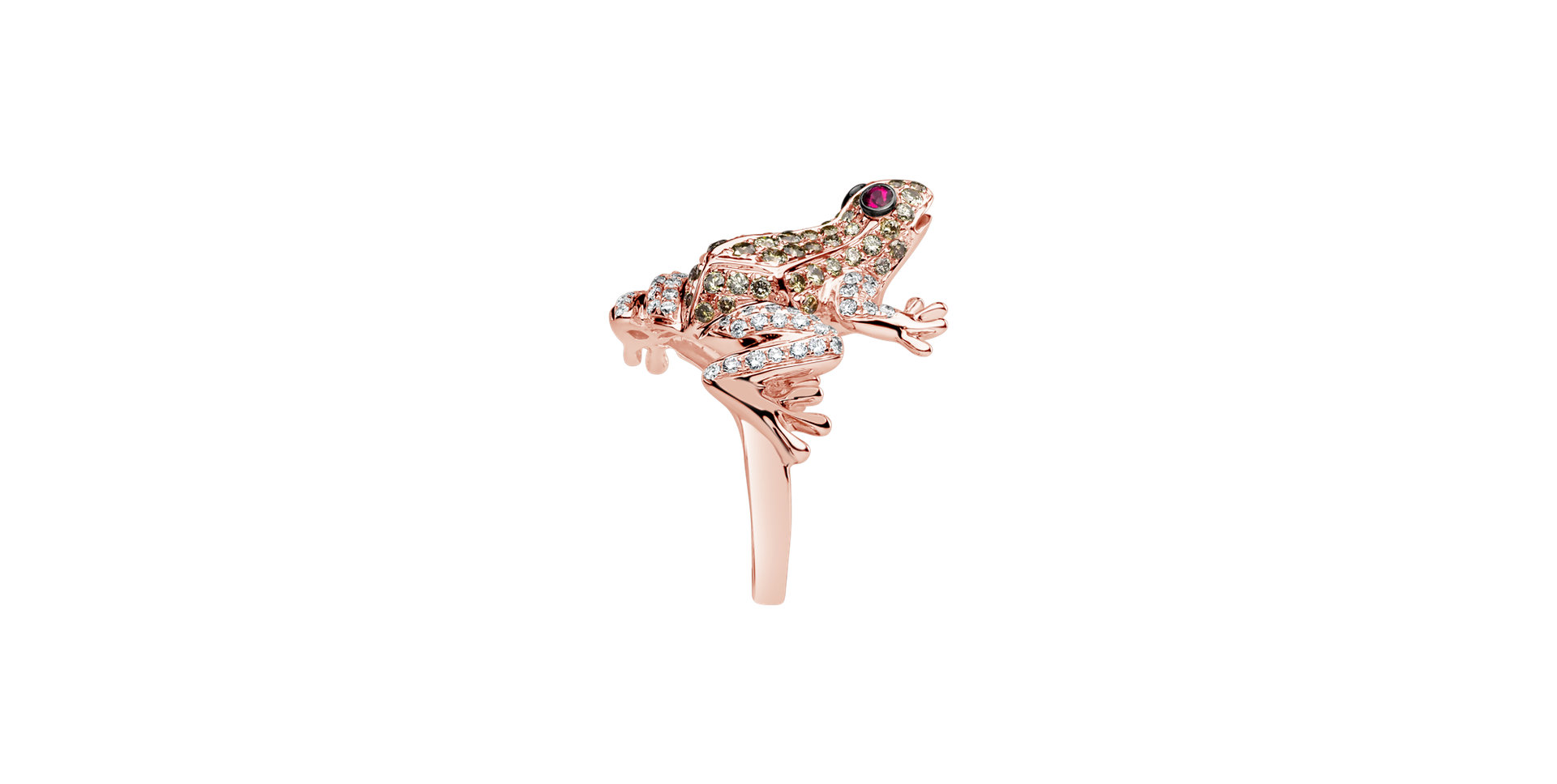 Prsteň s bielymi a hnedými diamantmi a rubínmi Miracle Frog