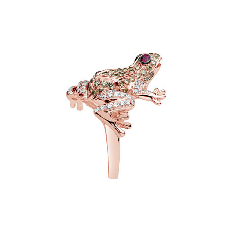 Prsteň s bielymi a hnedými diamantmi a rubínmi Miracle Frog