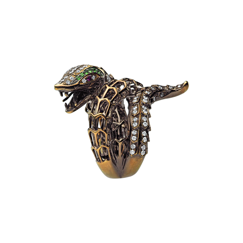 Prsteň s diamantmi, rubínmi a granátmi Star Snake