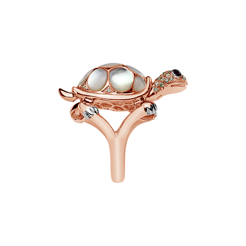 Prsteň s hnedými diamantmi, rubínmi a perleťou Graceful Turtle