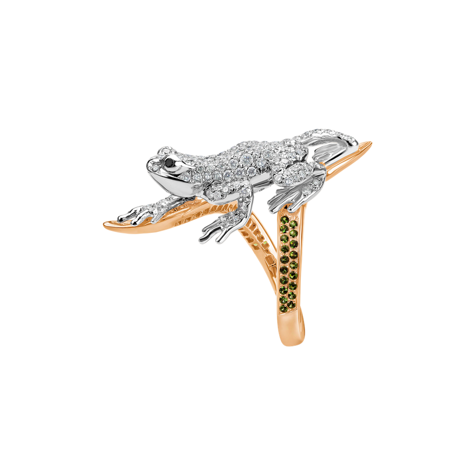 Prsteň s čiernymi a bielymi diamantmi a granátmi Luxury Frog
