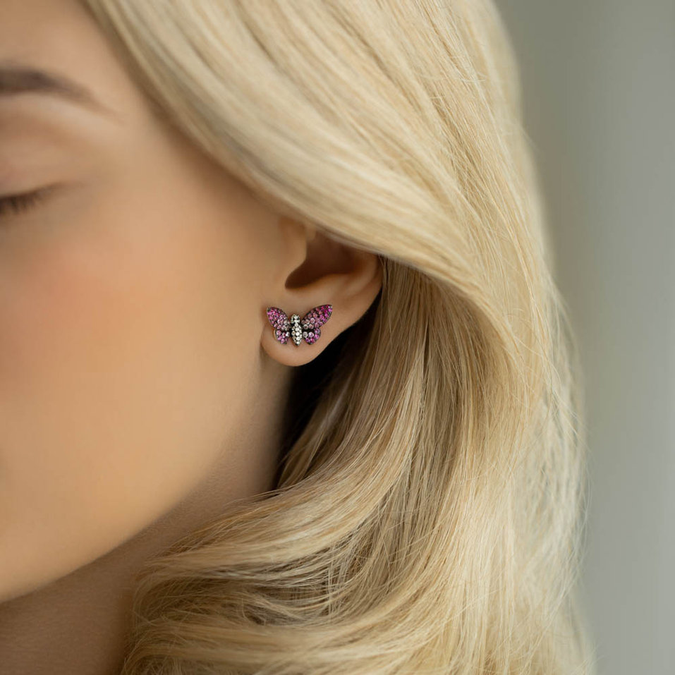 Náušnice s rubínmi, zafírmi a diamantmi Graceful Butterfly