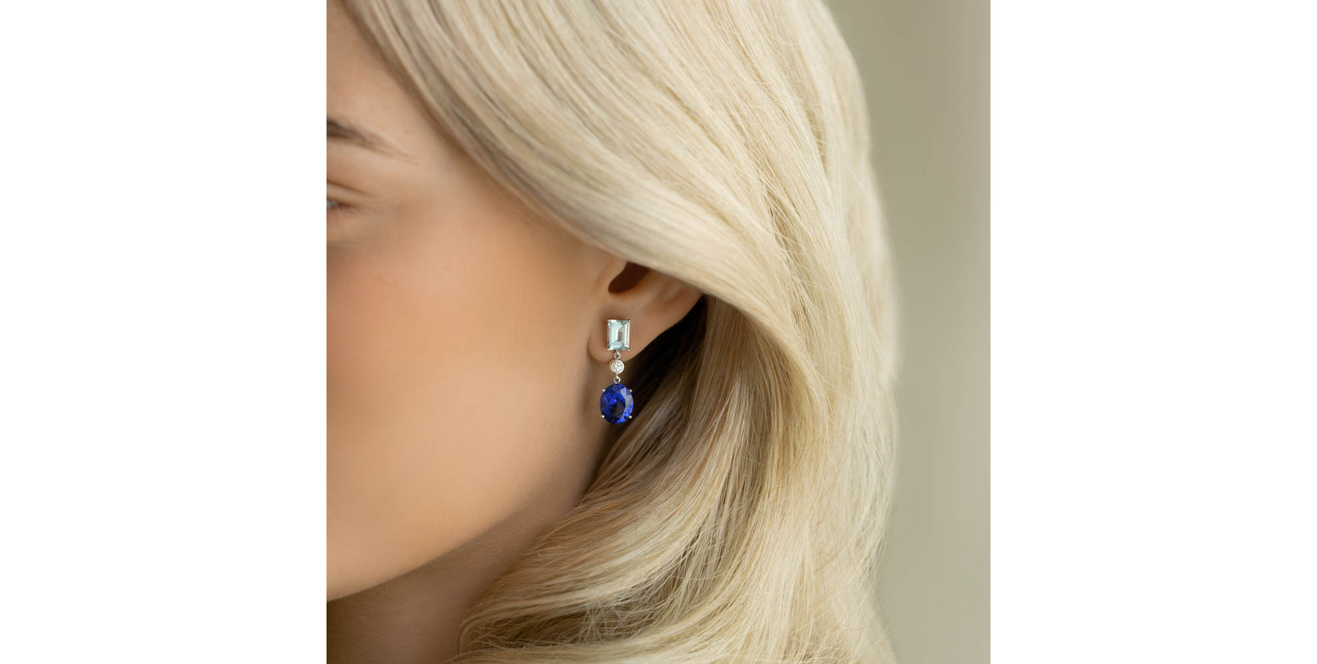 Náušnice s diamantom, akvamarínom a tanzanitom Miracle Rain