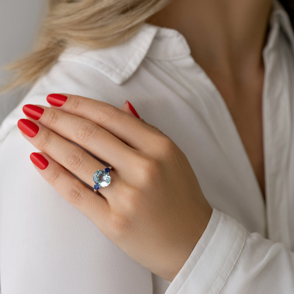 Prsteň 14kt biele zlato s akvamarínom a zafírom Fiona