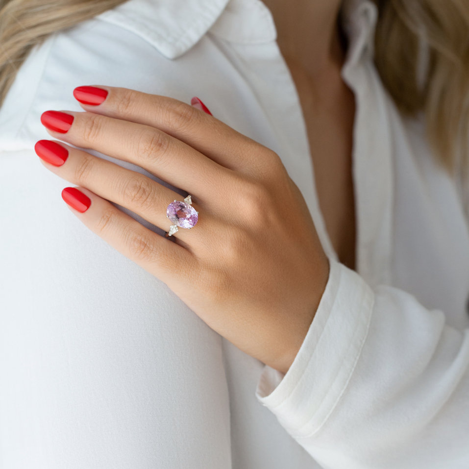 Prsteň s kunzitom a diamantmi Pink Dream