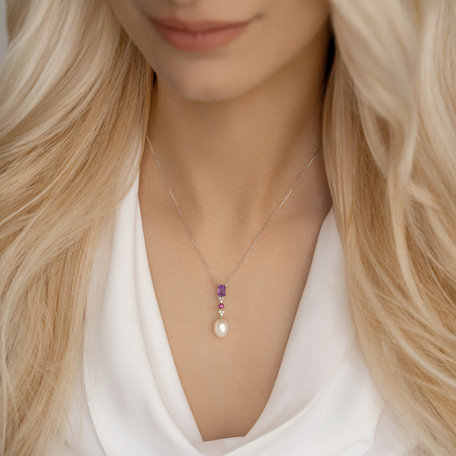 Přívěsok s diamantmi, perlou, Rhodolite a ametystmi Princess Joy
