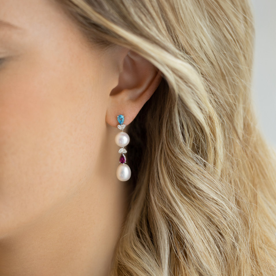 Náušnice s diamantmi, bielymi perlami a drahokamami Ocean Love