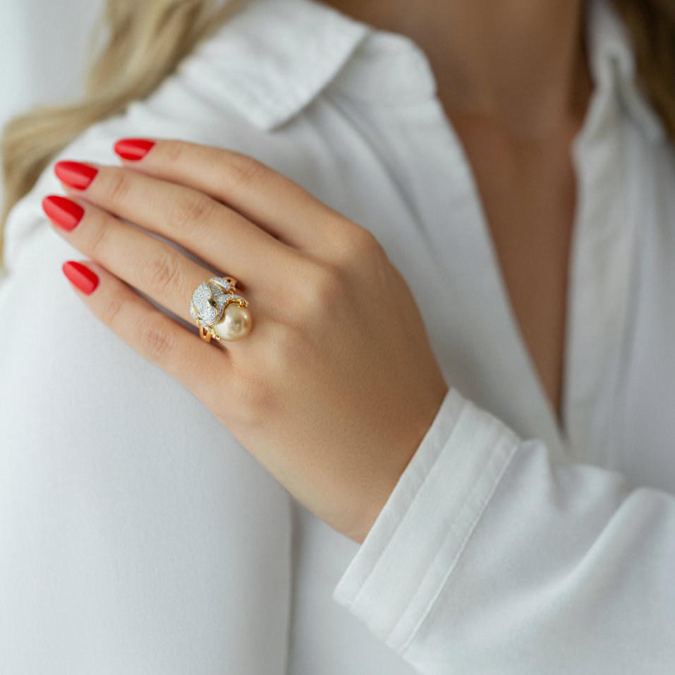 Prsteň s perlou, diamantmi a granátmi The Frog Prince