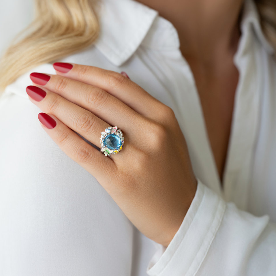 Prsteň s topásom , diamantmi a emailmi Flower Liberty