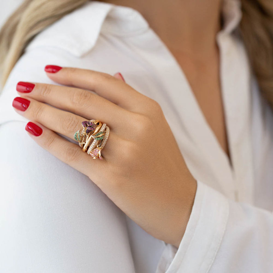 Prsteň s diamantmi, rubínmi, zafírmi a granátmi Flower Sin