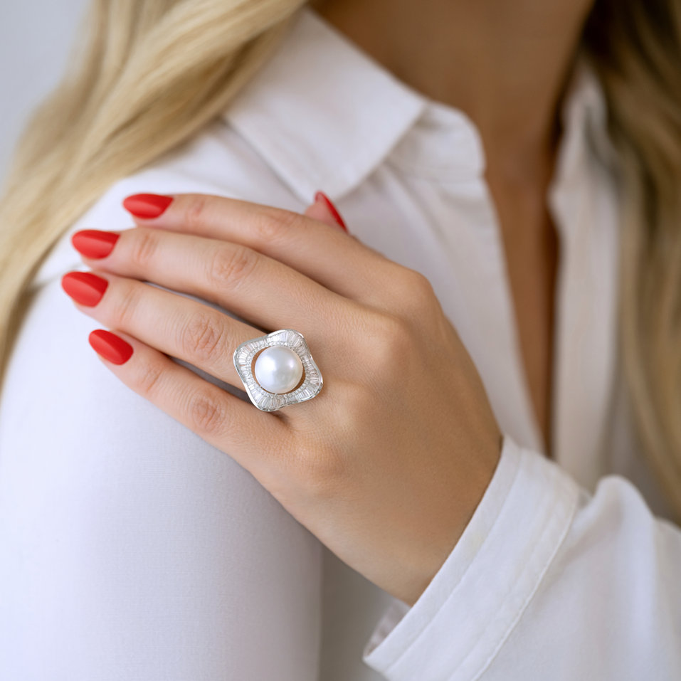 Prsteň s perlou a diamantmi Pearl Galaxy
